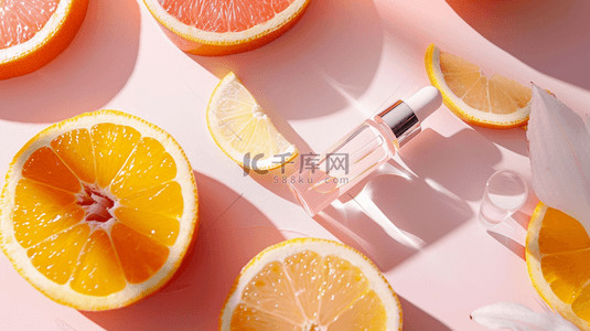 两块切开的橙子背景图片_清新唯美展示台上护肤品橙子的背景