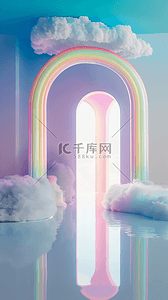 素材展示背景图片_蓝粉色梦幻玻璃拱门概念空间场景背景素材