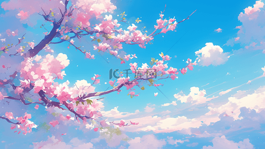 唯美蓝天白云下树枝花朵的背景