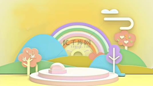 花草素材背景图片_六一儿童节促销清新黄色3D彩虹展台素材