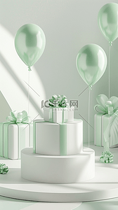 气球绿色背景图片_淡雅清新白绿色气球礼物盒展台设计图