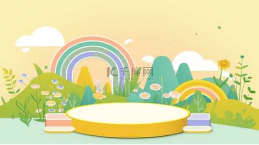 六一儿童节促销清新黄色3D彩虹展台背景