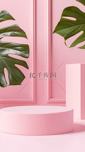 618粉色背景背景图片_夏天绿植芭蕉叶粉色背景产品展台