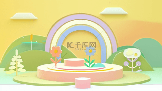 彩虹背景图背景图片_六一儿童节促销清新黄色3D彩虹展台背景图