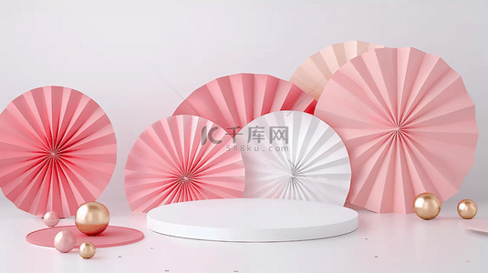 设计中式背景图片_618粉白色中式扇子产品展示台设计
