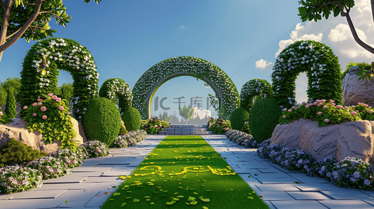 婚礼拱门背景图片_婚礼空间3D树篱植物景观概念空间场景设计