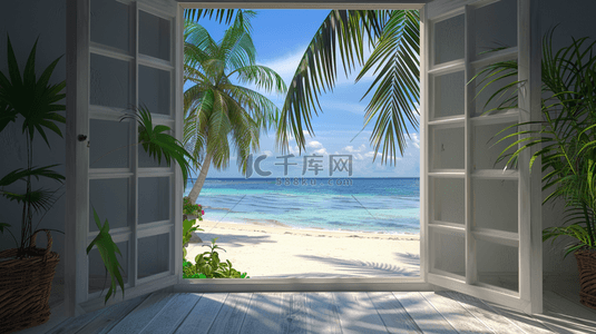 夏日海滩椰树背景图片_夏天海边打开的窗框夏天海景设计