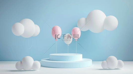 3d卡通展台背景图片_六一儿童节促销卡通3D白云气球展台素材