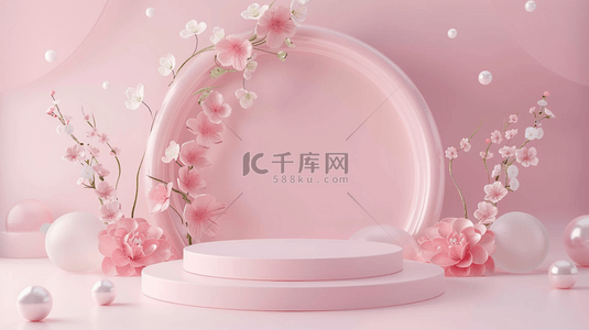 3D粉色质感花朵电商圆展台背景图