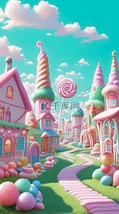 糖果儿童节背景图片_六一儿童节粉彩卡通3D糖果城堡背景图