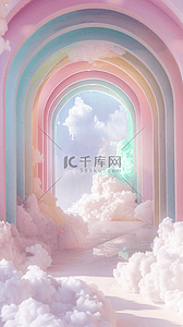 浪漫云朵背景图片_蓝粉色梦幻玻璃拱门概念空间场景设计