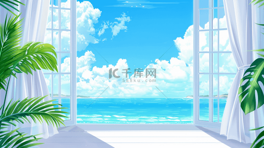 沙滩海边椰子树背景图片_夏天海边大窗海景海边场景素材
