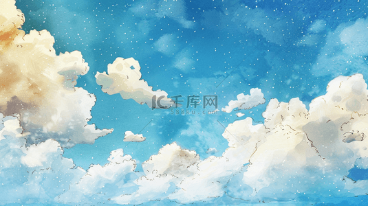 缤纷梦幻朦胧手绘绘画蓝天白云风景山脉背景