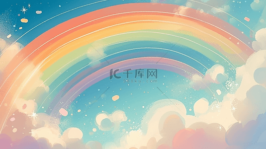 彩虹白花背景图片_六一儿童节彩色云朵里的彩虹背景