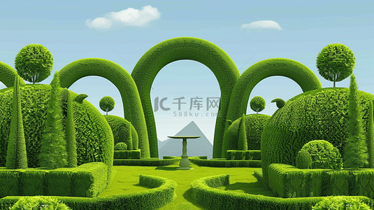 场景植物背景图片_夏日3D树篱植物景观场景概念空间图片