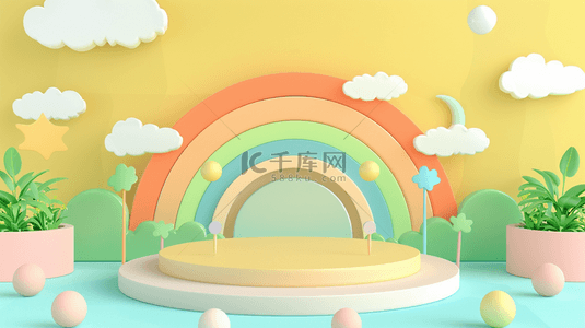 黄色格子餐布背景图片_六一儿童节促销清新黄色3D彩虹展台设计