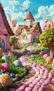 欧式小镇元素背景图片_六一儿童节粉彩卡通3D糖果城堡背景素材