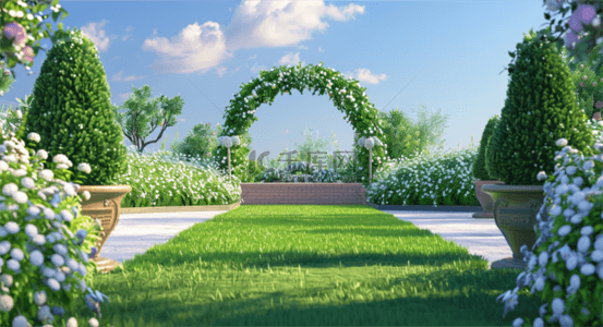 婚礼拱门背景图片_婚礼空间3D树篱植物景观概念空间场景素材