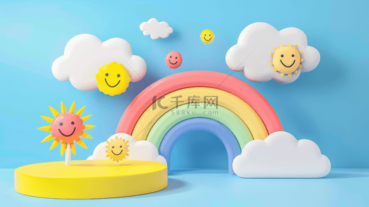六一儿童节促销可爱卡通3D彩虹展台背景