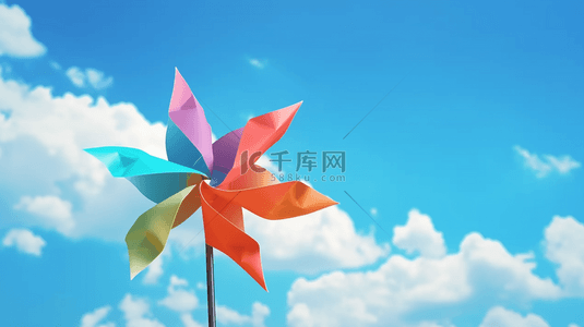 卡通风车素材背景图片_六一儿童节蓝天白云里的卡通纸风车素材