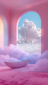 蓝粉色云雾背景图片_蓝粉色梦幻窗户风景概念空间场景设计
