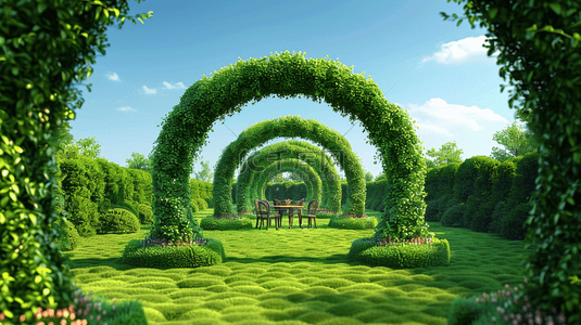 夏日3D树篱植物景观场景概念空间背景图