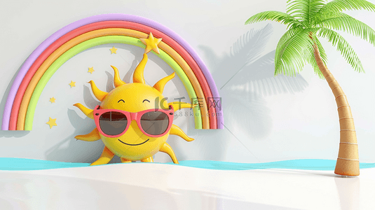 夏日太阳背景图片_可爱3D夏天戴着墨镜的太阳和彩虹图片