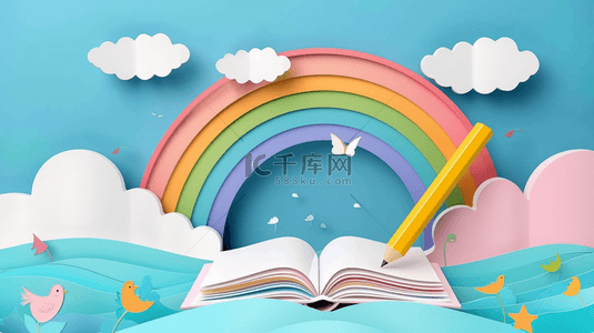 赢在新学年背景图片_六一儿童节卡通彩虹云朵背景