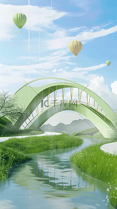 拱桥背景图片_3D夏天户外拱桥热气球电商场景设计图