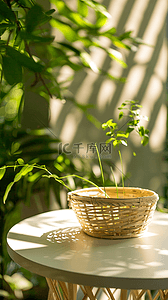 户外场景背景背景图片_端午节中式竹林桌上的空竹筐背景素材
