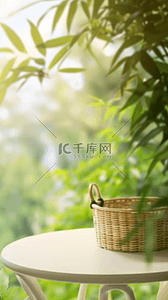 端午节中式竹林桌上的空竹筐素材
