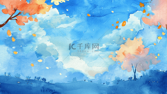 缤纷梦幻朦胧手绘绘画蓝天白云风景山脉背景