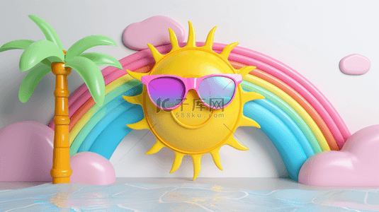 椰子树素材背景图片_可爱3D夏天戴着墨镜的太阳和彩虹素材