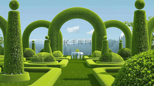 夏日3D树篱植物景观场景概念空间素材