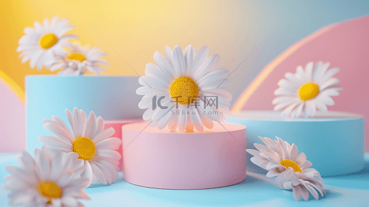 柔和粉彩白色雏菊3D产品展示台设计图