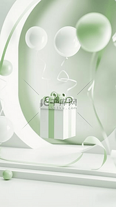 气球礼物背景图片_淡雅清新白绿色气球礼物盒展台设计图