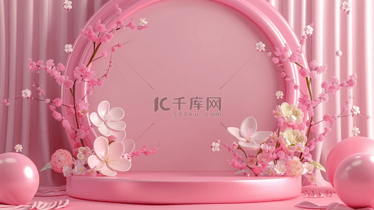 粉色花朵背景图背景图片_3D粉色质感花朵电商圆展台背景图