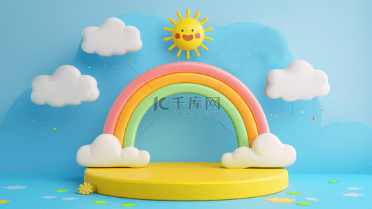 可爱相框实物背景图片_六一儿童节促销可爱卡通3D彩虹展台背景图