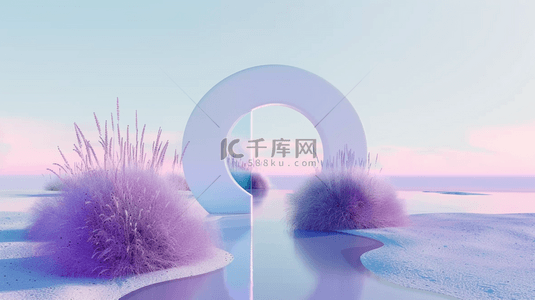 夏日浪漫背景图片_夏日紫色薰衣草水面玻璃圆形概念空间背景图
