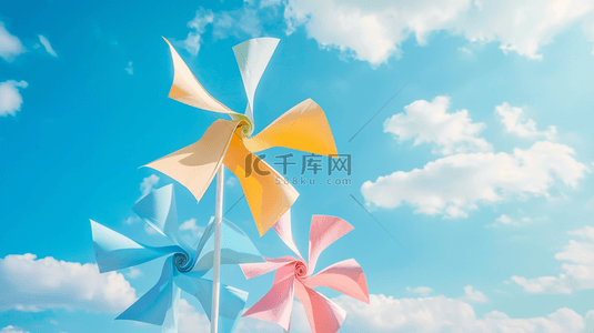 饺子卡通画背景图片_六一儿童节蓝天白云里的卡通纸风车设计图