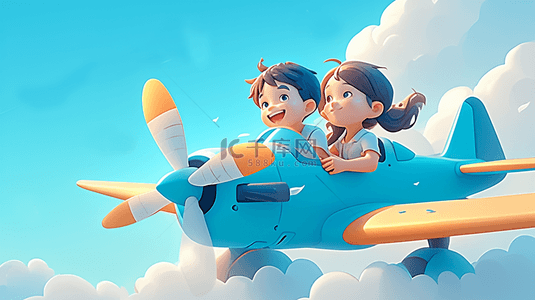 儿童白云背景图片_六一儿童节乘飞机的儿童梦想背景