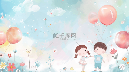 儿童卡通彩色背景图片_彩色卡通场景儿童气球牵手的背景