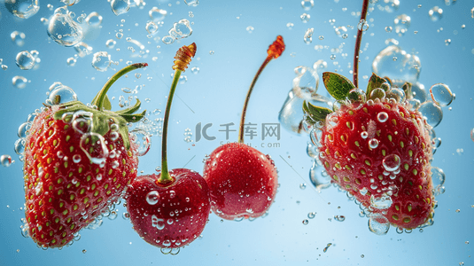 樱桃vc背景图片_清晰樱桃草莓水珠气泡的背景