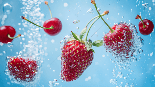 草莓酱淋背景图片_清晰樱桃草莓水珠气泡的背景