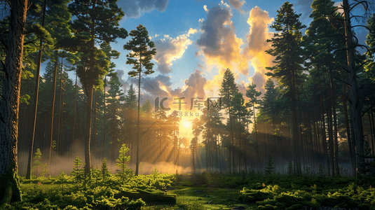 阳光天空白云背景图片_阳光光芒照射绿色森林风景的背景