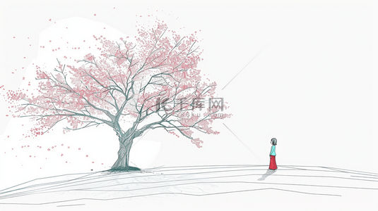 福袋女孩背景图片_绘画文艺场景树木下女孩的背景