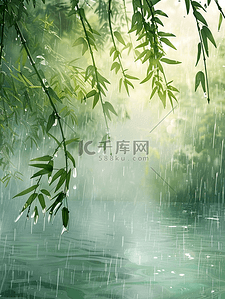 校园雨季背景图片_户外雨季河面上树枝树叶的背景
