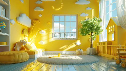 黄色温馨幼儿园桌椅黑板阳光照射的背景