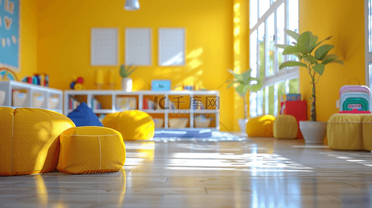 黄色温馨幼儿园桌椅黑板阳光照射的背景