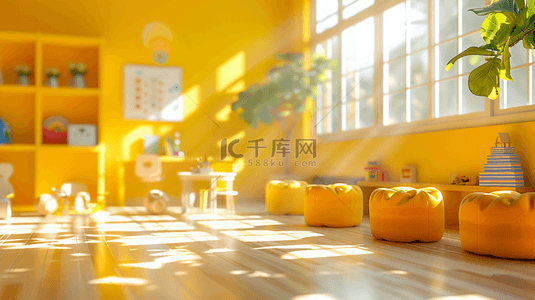 花朵黄色背景图片_黄色温馨幼儿园桌椅黑板阳光照射的背景
